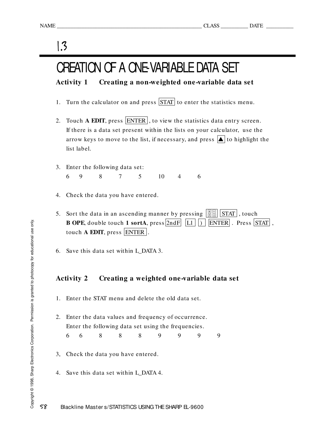 Sharp EL-9600 manual Activity 1 Creating a non-weighted one-variable data set 