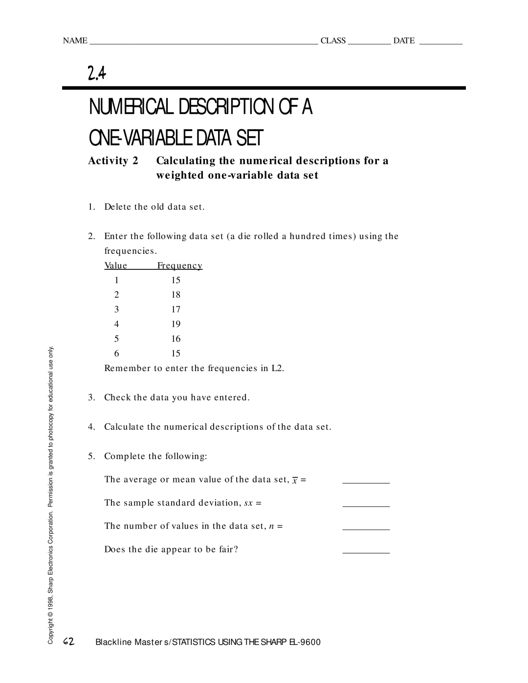 Sharp EL-9600 manual Numerical Description of a ONE-VARIABLE Data SET 