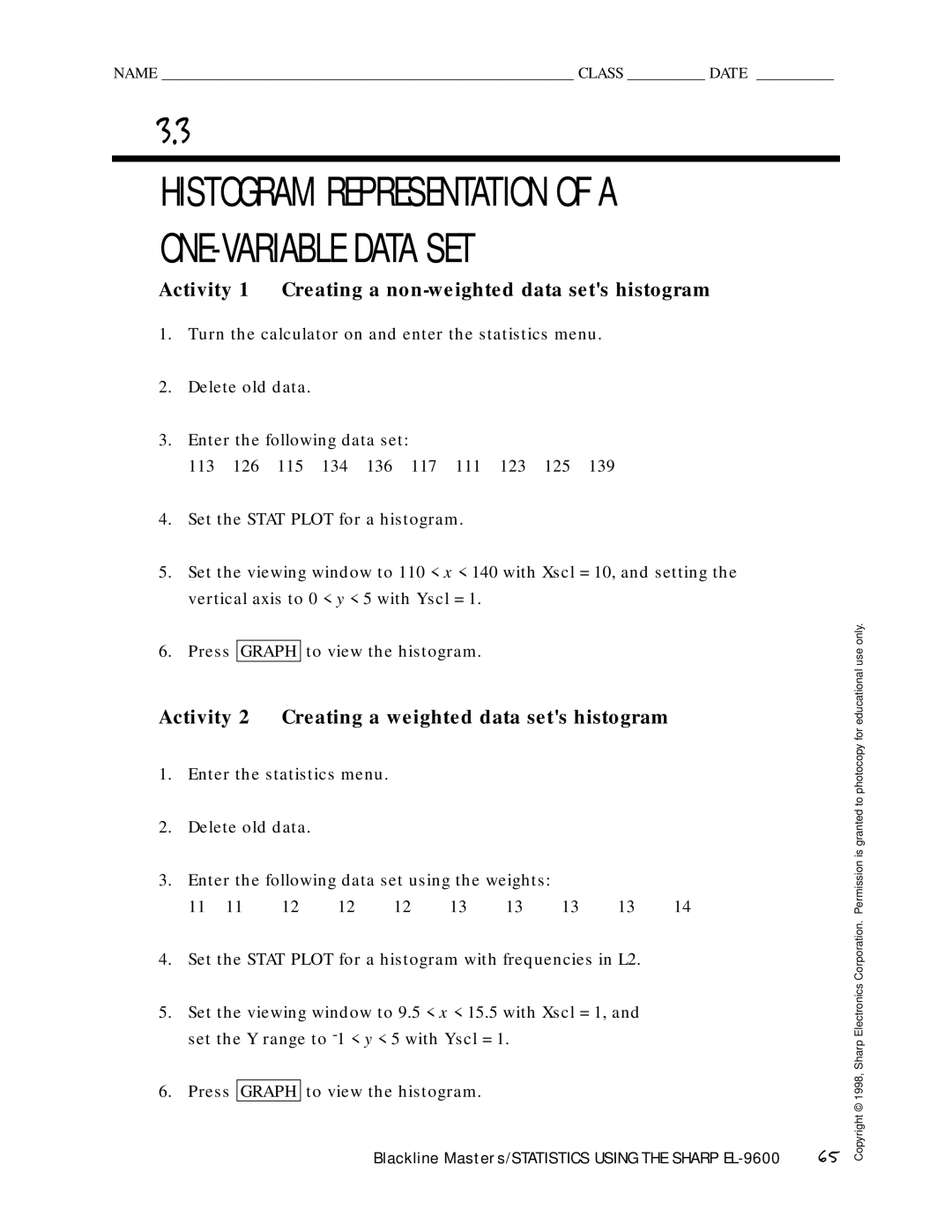 Sharp EL-9600 Activity 1 Creating a non-weighted data sets histogram, Activity 2 Creating a weighted data sets histogram 