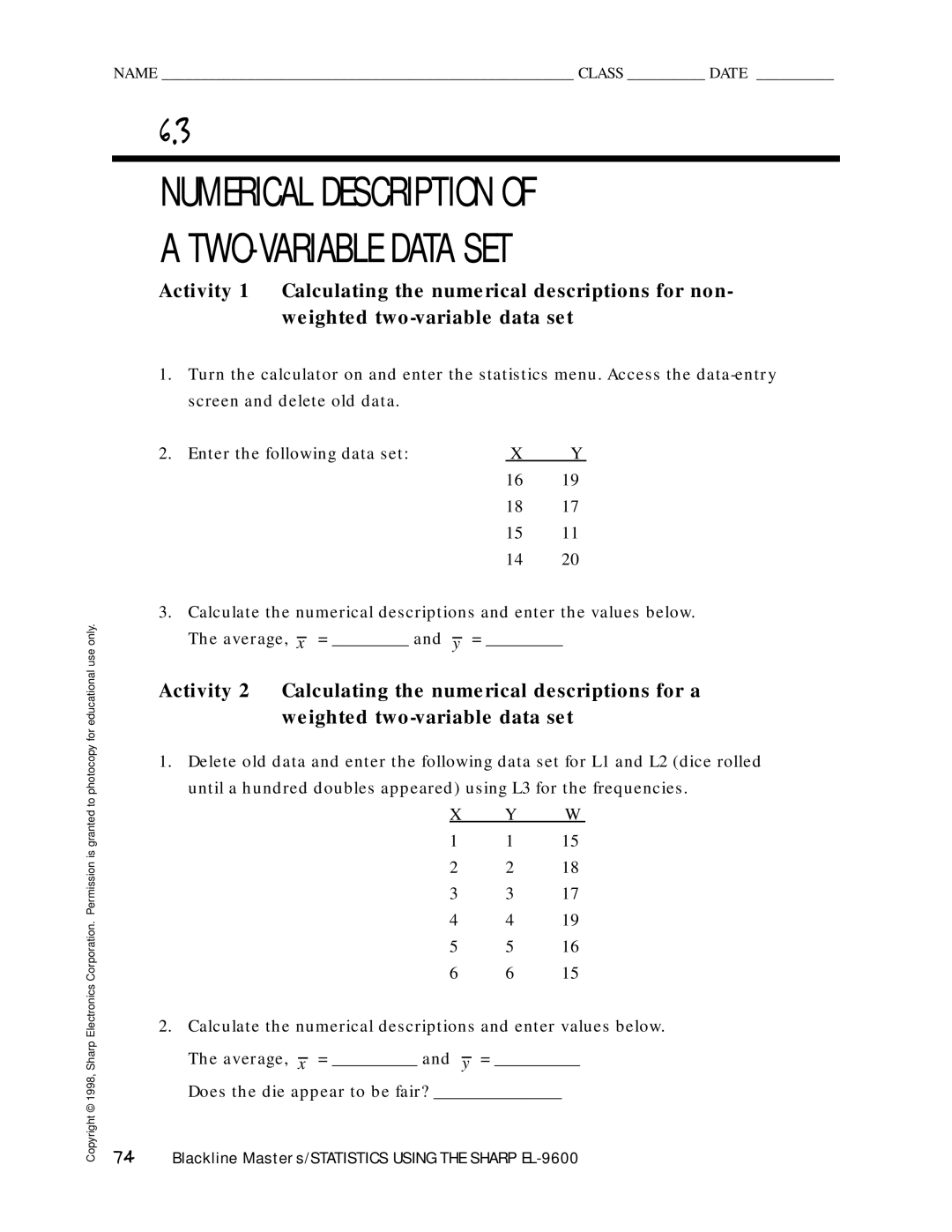 Sharp EL-9600 manual Numerical Description TWO-VARIABLE Data SET 