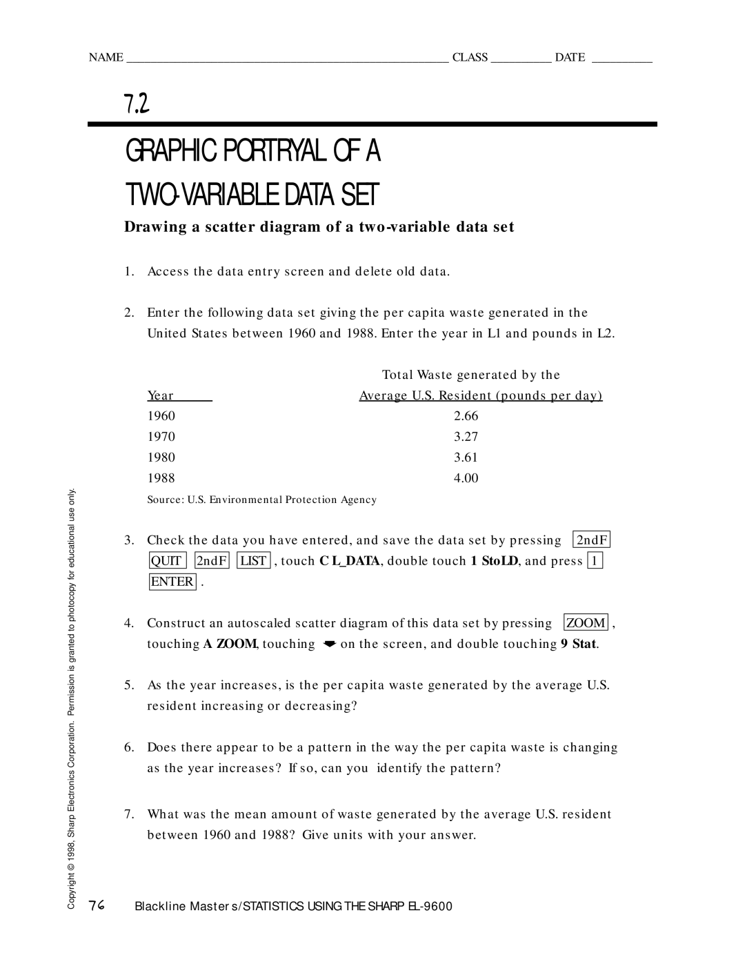 Sharp EL-9600 manual Graphic Portryal of a TWO-VARIABLE Data SET, Drawing a scatter diagram of a two-variable data set 