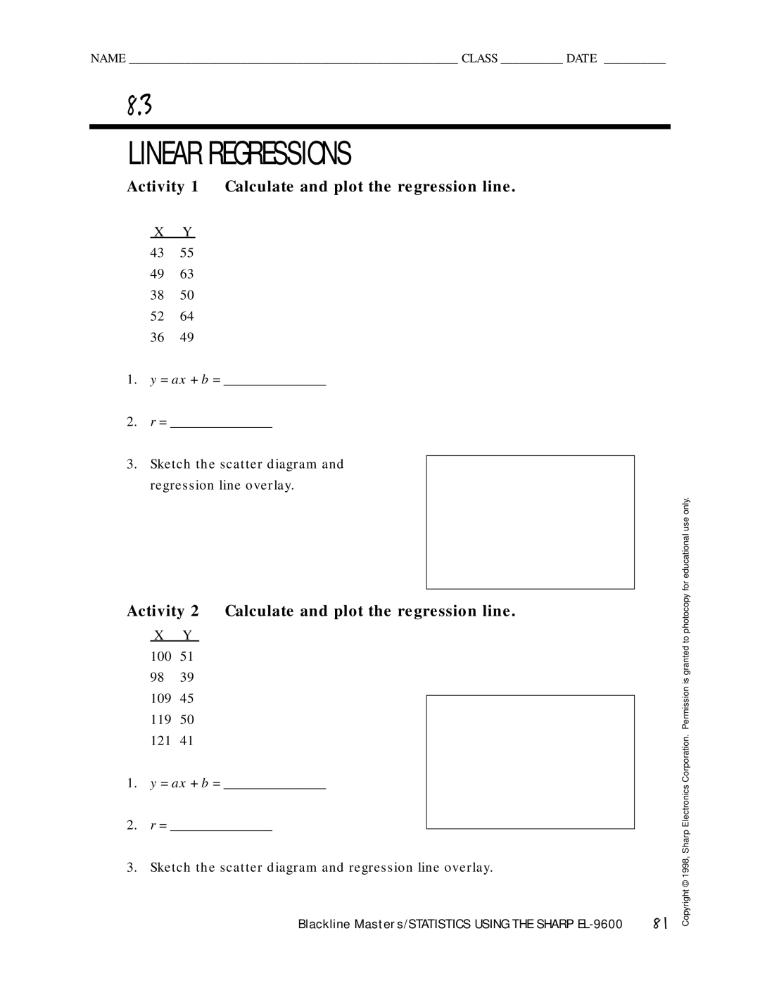 Sharp EL-9600 manual Activity 1 Calculate and plot the regression line, Activity 2 Calculate and plot the regression line 