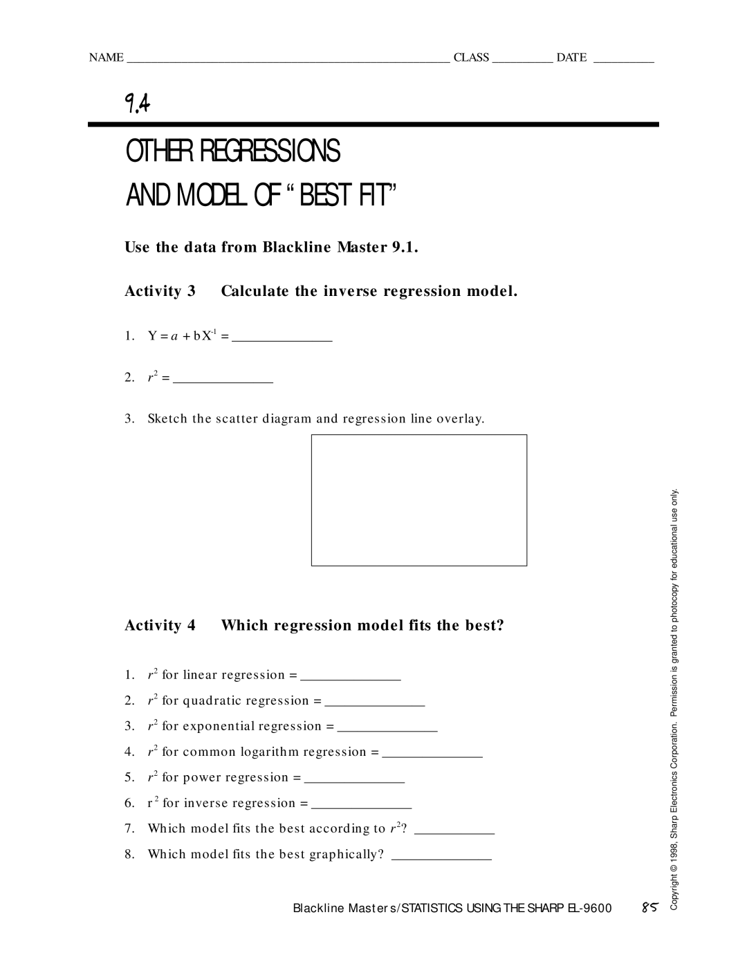 Sharp EL-9600 manual Activity 4 Which regression model fits the best? 