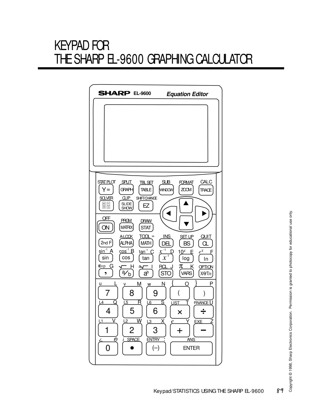 Sharp manual Keypad for, Sharp EL-9600 Graphing Calculator 