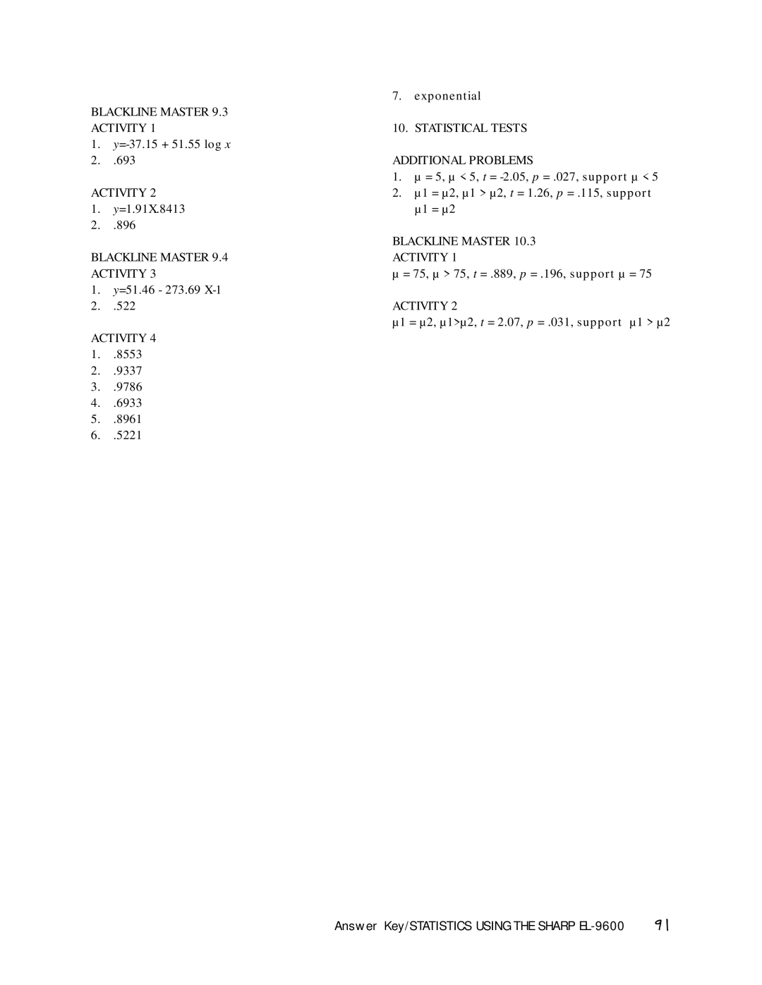 Sharp manual Answer Key/STATISTICS Using the Sharp EL-9600 