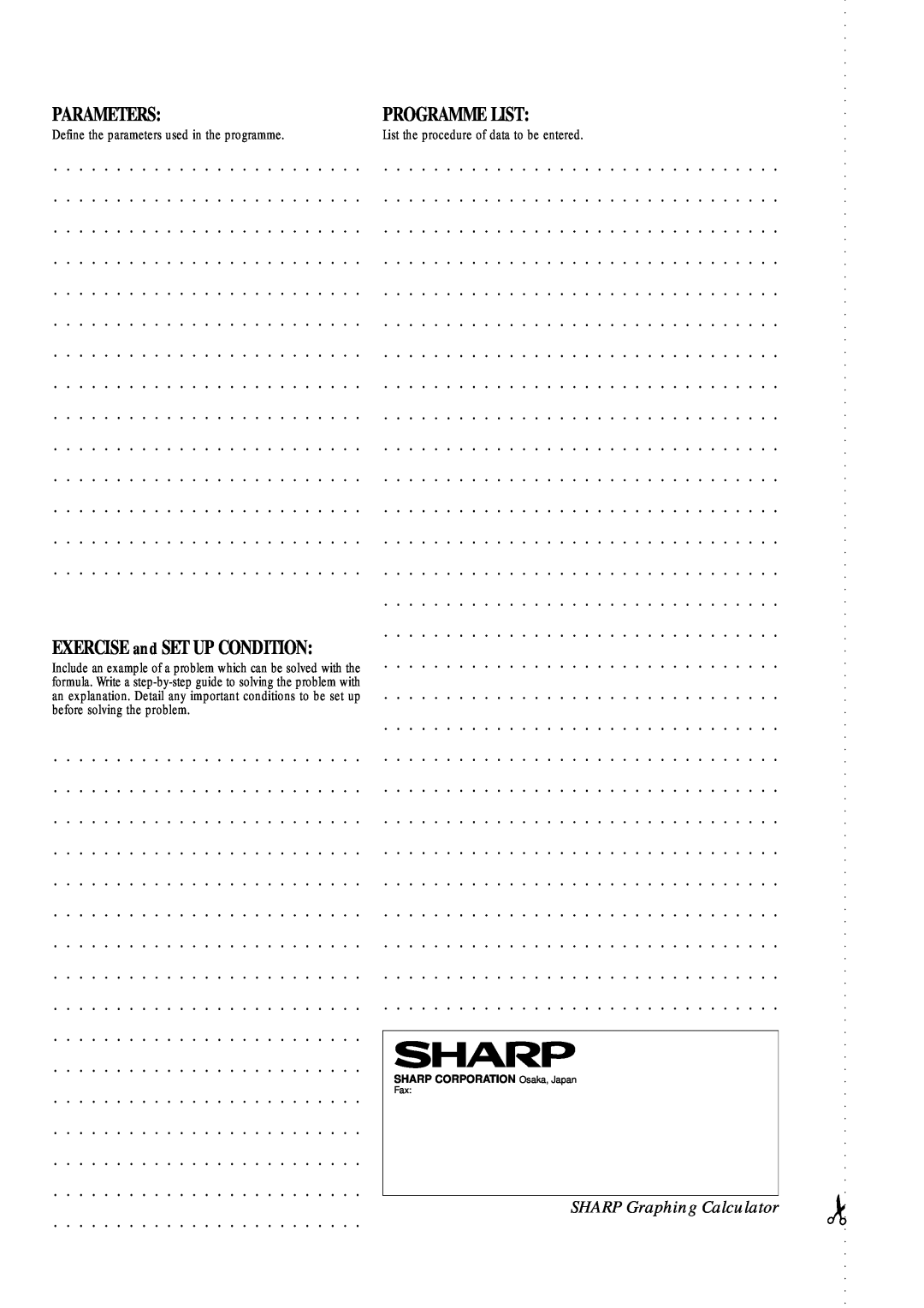Sharp EL-9900 manual Parameters, Programme List, EXERCISE and SET UP CONDITION, SHARP Graphing Calculator 