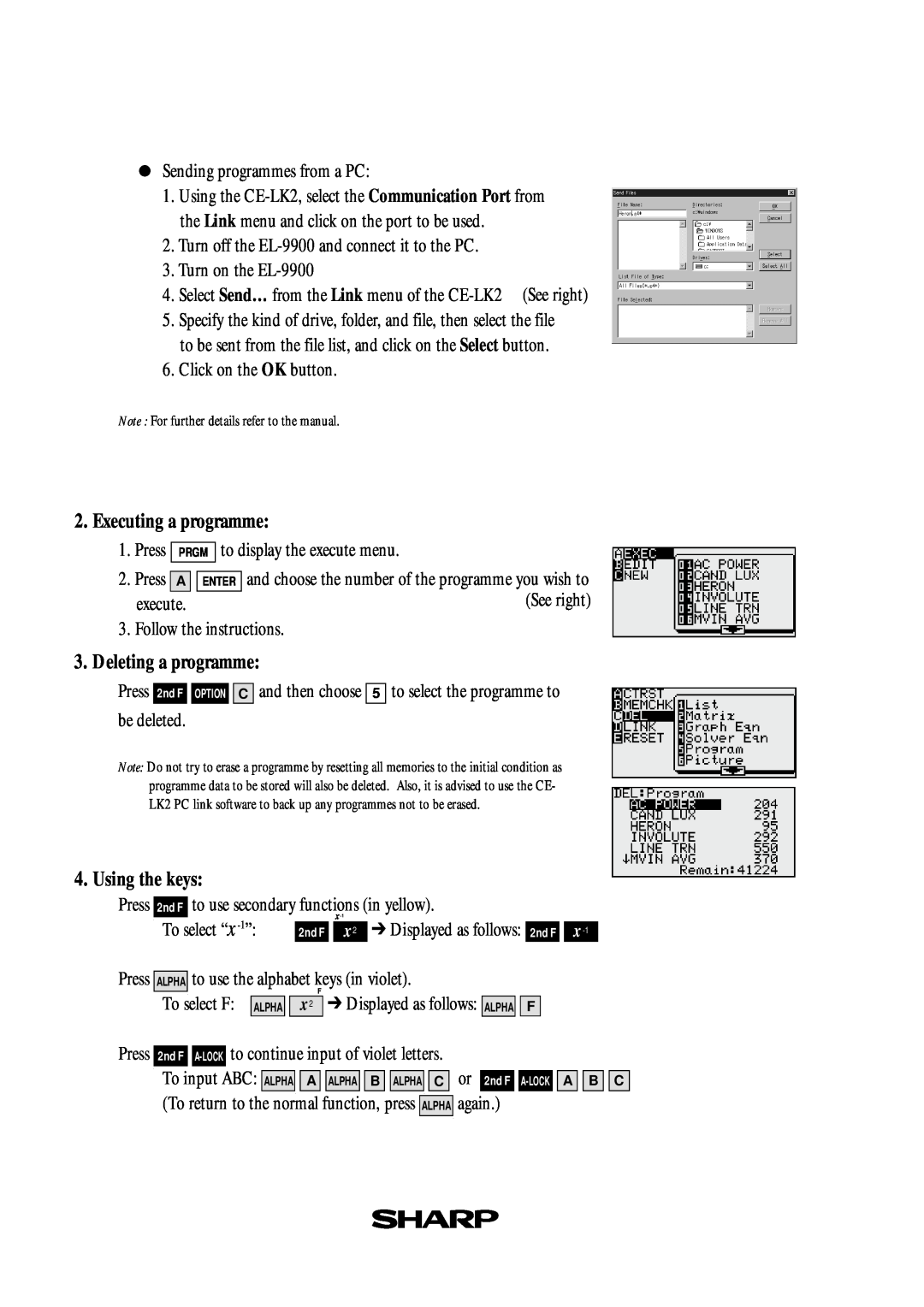 Sharp EL-9900 manual Executing a programme, Deleting a programme, Using the keys 