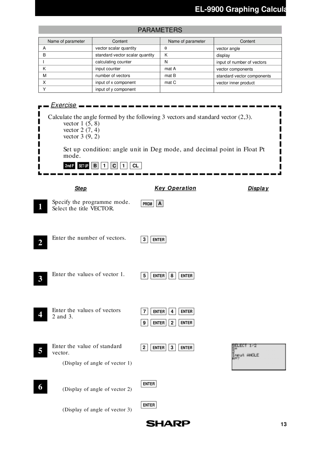 Sharp EL-9900 manual Enter the values of vectors 