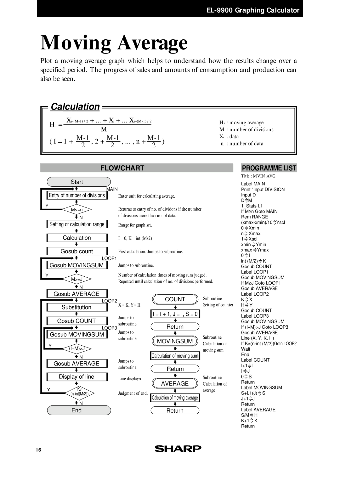 Sharp EL-9900 manual + ... + Xi + ... Xi+M-1, Entry of number of divisions Setting of calculation range, Substitution 