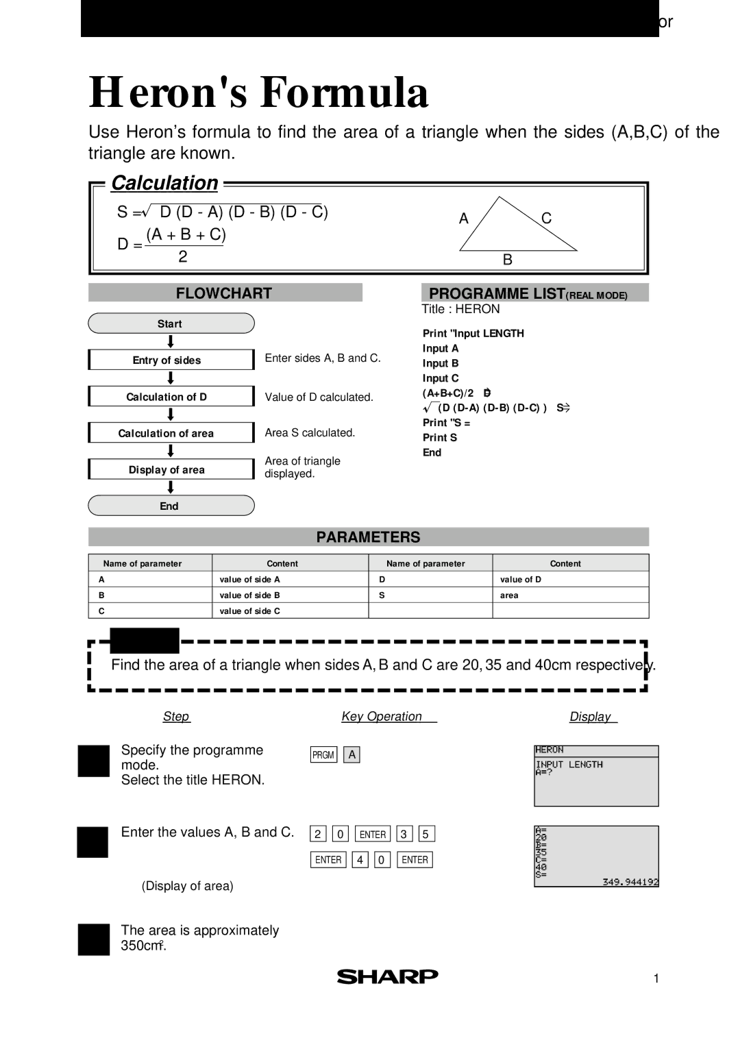 Sharp EL-9900 manual Herons Formula, = D D a D B D C = a + B + C 