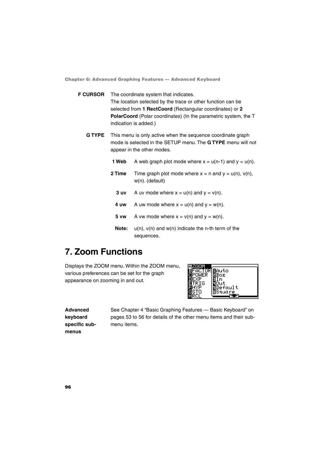 Sharp EL-9900 operation manual Zoom Functions, Specific sub Menu items Menus 