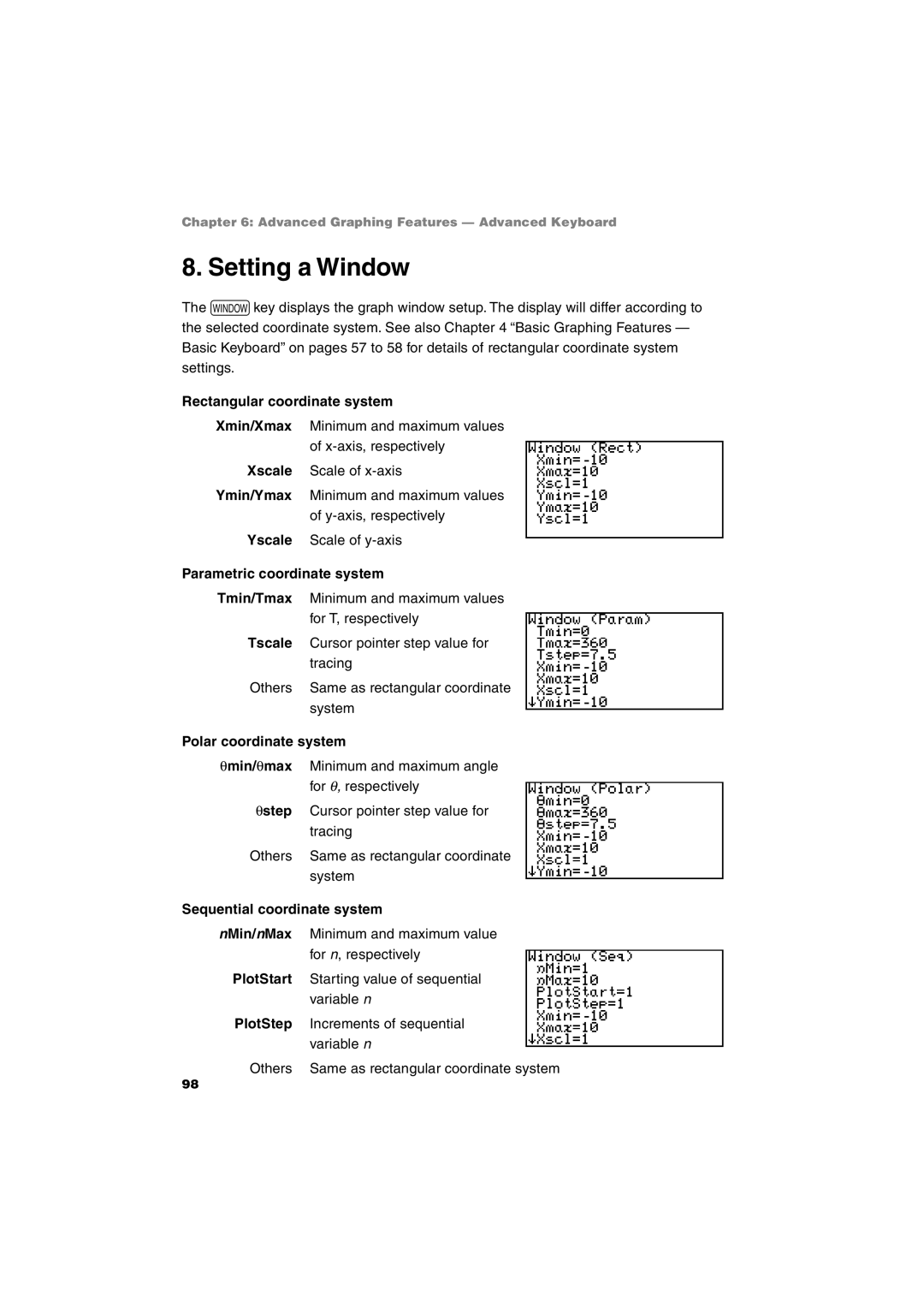 Sharp EL-9900 Setting a Window, Rectangular coordinate system, Parametric coordinate system, Polar coordinate system 