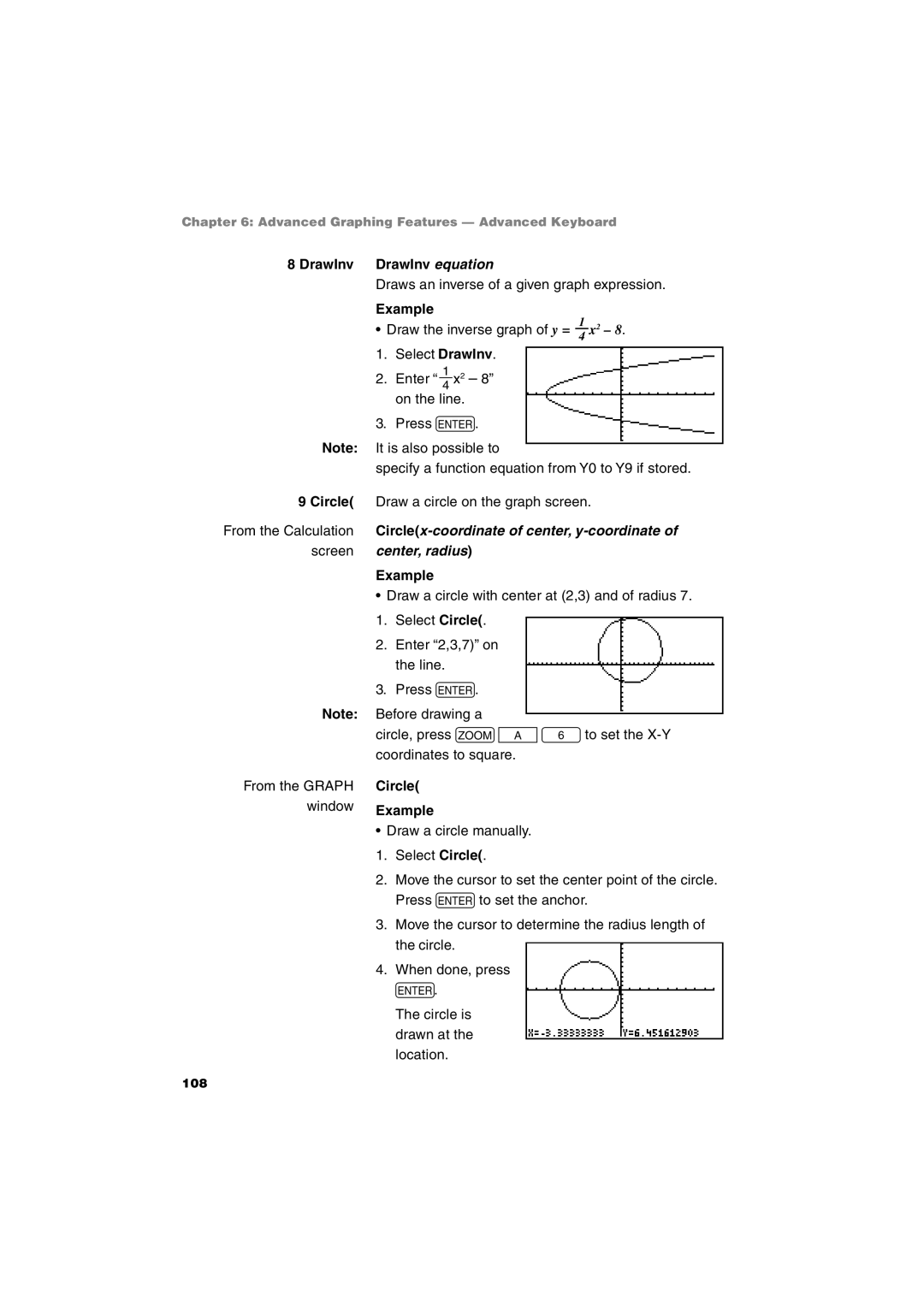 Sharp EL-9900 operation manual DrawInv DrawInv equation, Circle Example 