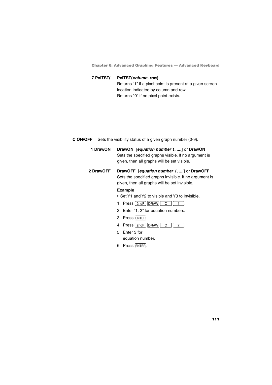 Sharp EL-9900 operation manual PxlTST PxlTSTcolumn, row, DrawON DrawON equation number 1, .... or DrawON 