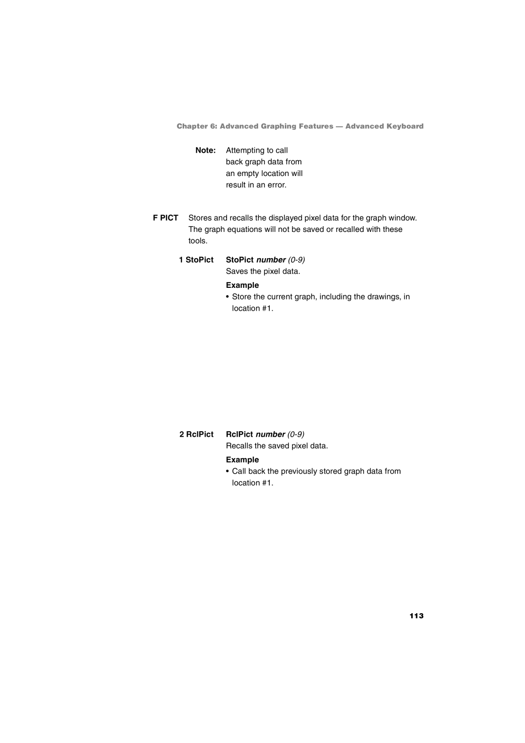 Sharp EL-9900 operation manual StoPict StoPict number 0-9Saves the pixel data Example 