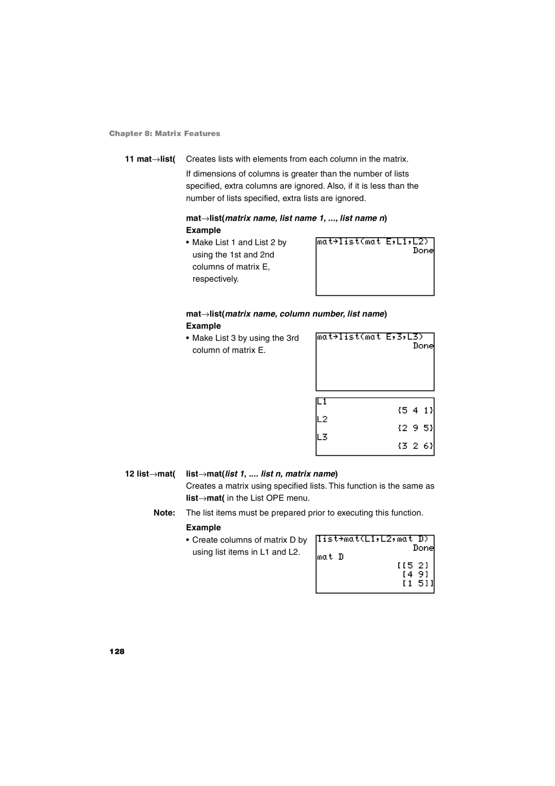 Sharp EL-9900 Mat→listmatrix name, list name 1, ..., list name n, Mat→listmatrix name, column number, list name 