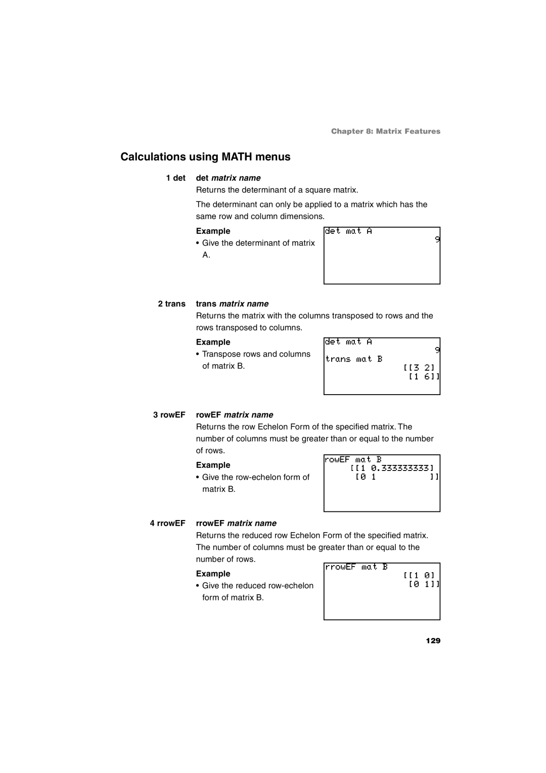 Sharp EL-9900 Calculations using Math menus, Det det matrix name, Trans trans matrix name, RowEF rowEF matrix name 