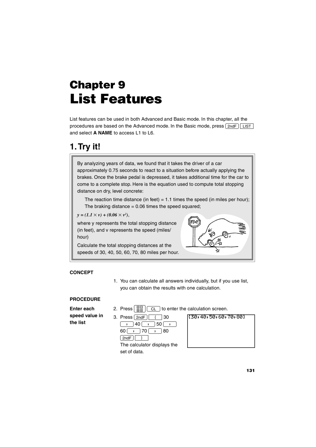 Sharp EL-9900 operation manual List Features, Concept Procedure, Enter each speed value in the list 