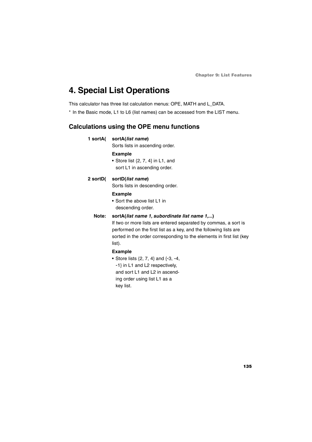 Sharp EL-9900 operation manual Special List Operations, Calculations using the OPE menu functions, SortA sortAlist name 