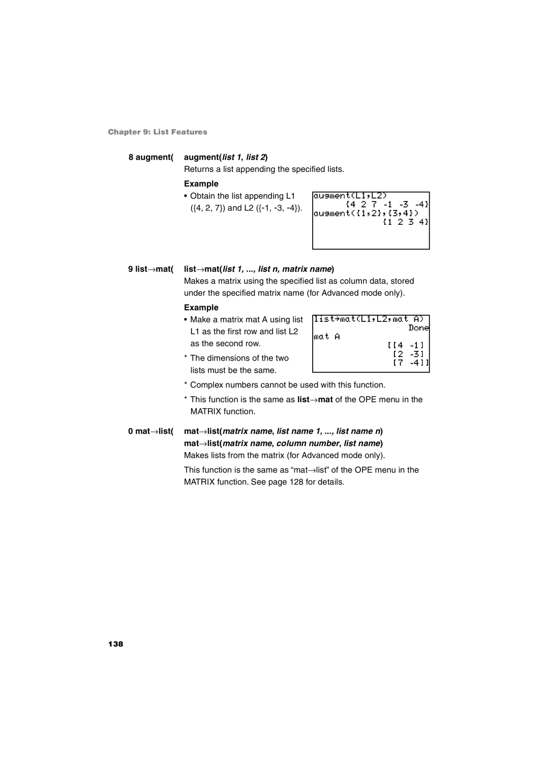 Sharp EL-9900 operation manual Augment augmentlist 1, list, List→mat list→matlist 1, ..., list n, matrix name 