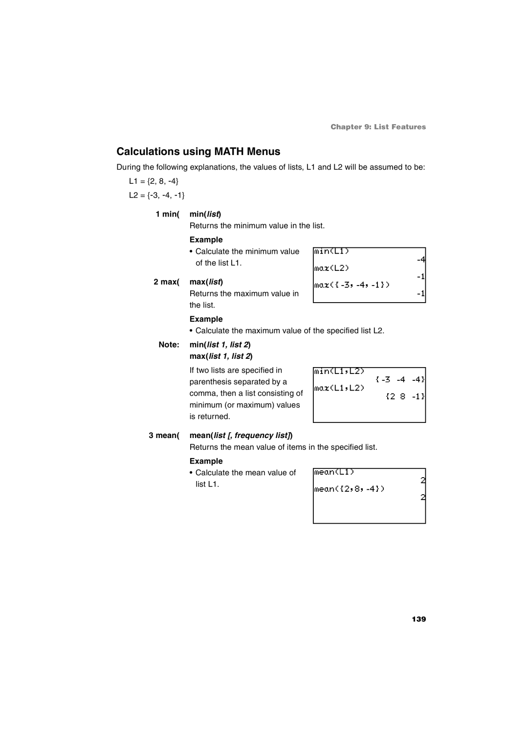 Sharp EL-9900 operation manual Calculations using Math Menus, Mean meanlist , frequency list 