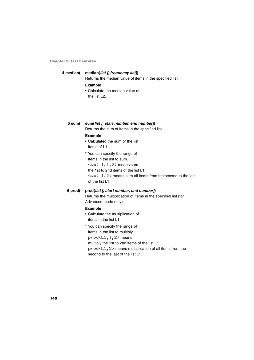 Sharp EL-9900 operation manual Median medianlist , frequency list, Sum sumlist , start number, end number 