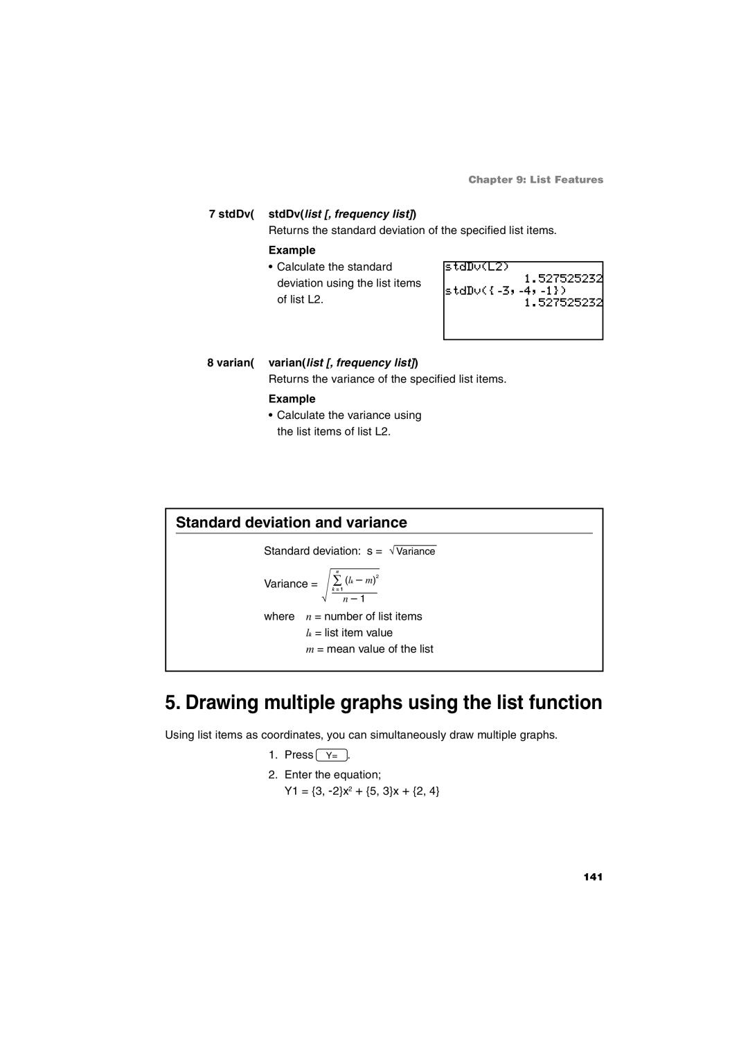 Sharp EL-9900 operation manual Drawing multiple graphs using the list function, Standard deviation and variance, Variance = 