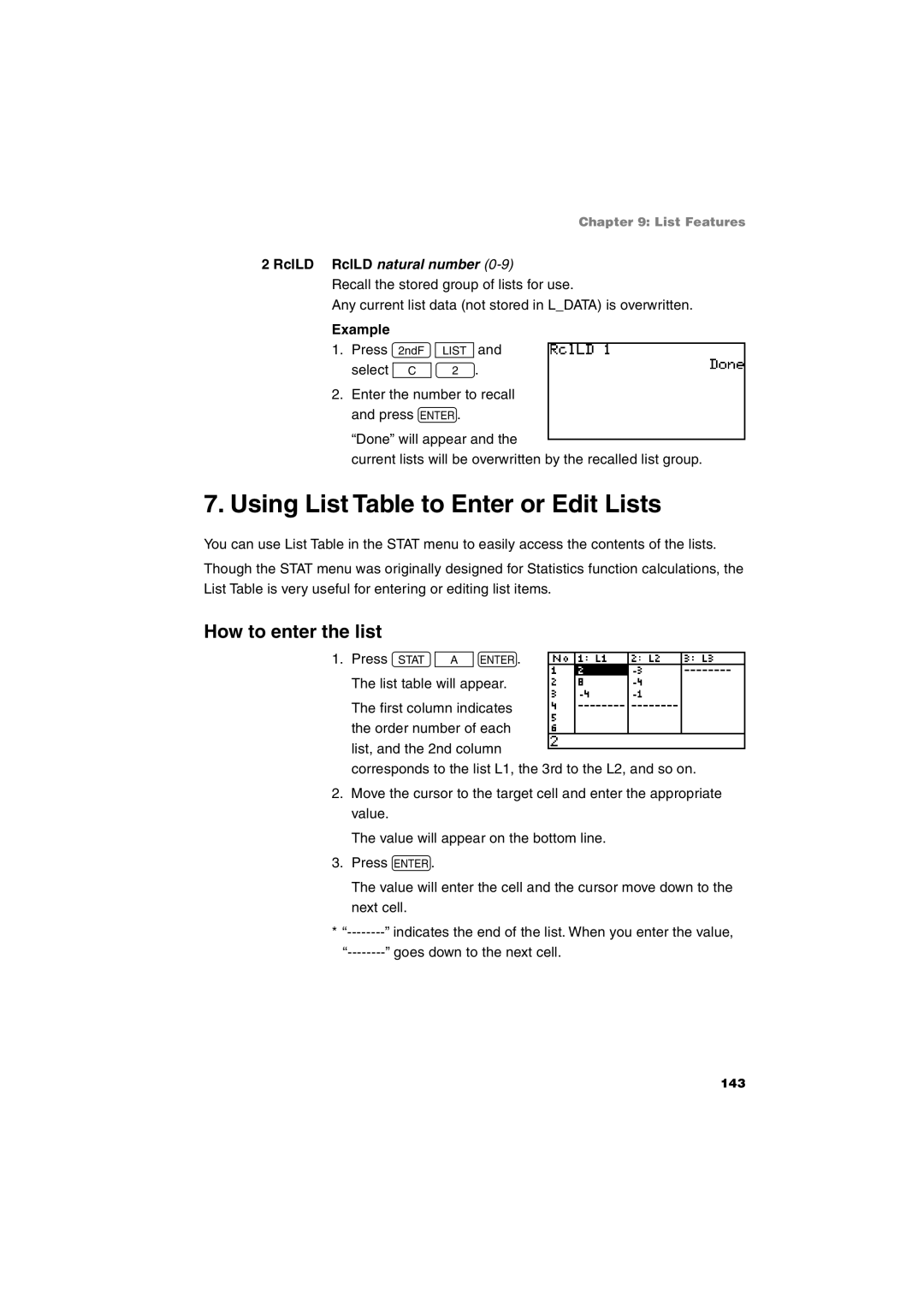 Sharp EL-9900 operation manual Using List Table to Enter or Edit Lists, How to enter the list, RclLD RclLD natural number 