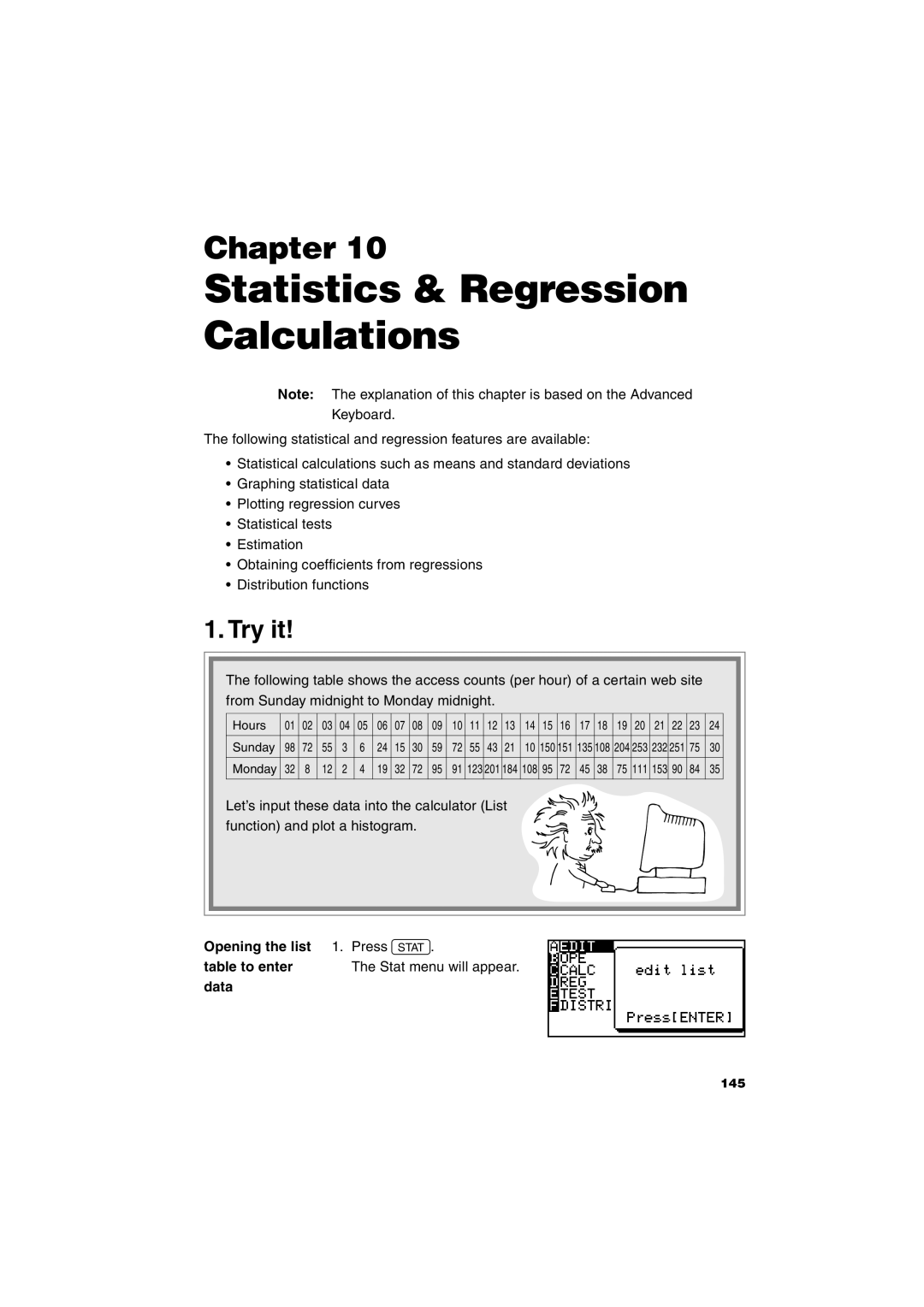 Sharp EL-9900 operation manual Statistics & Regression Calculations, Opening the list Press S Table to enter, Data 