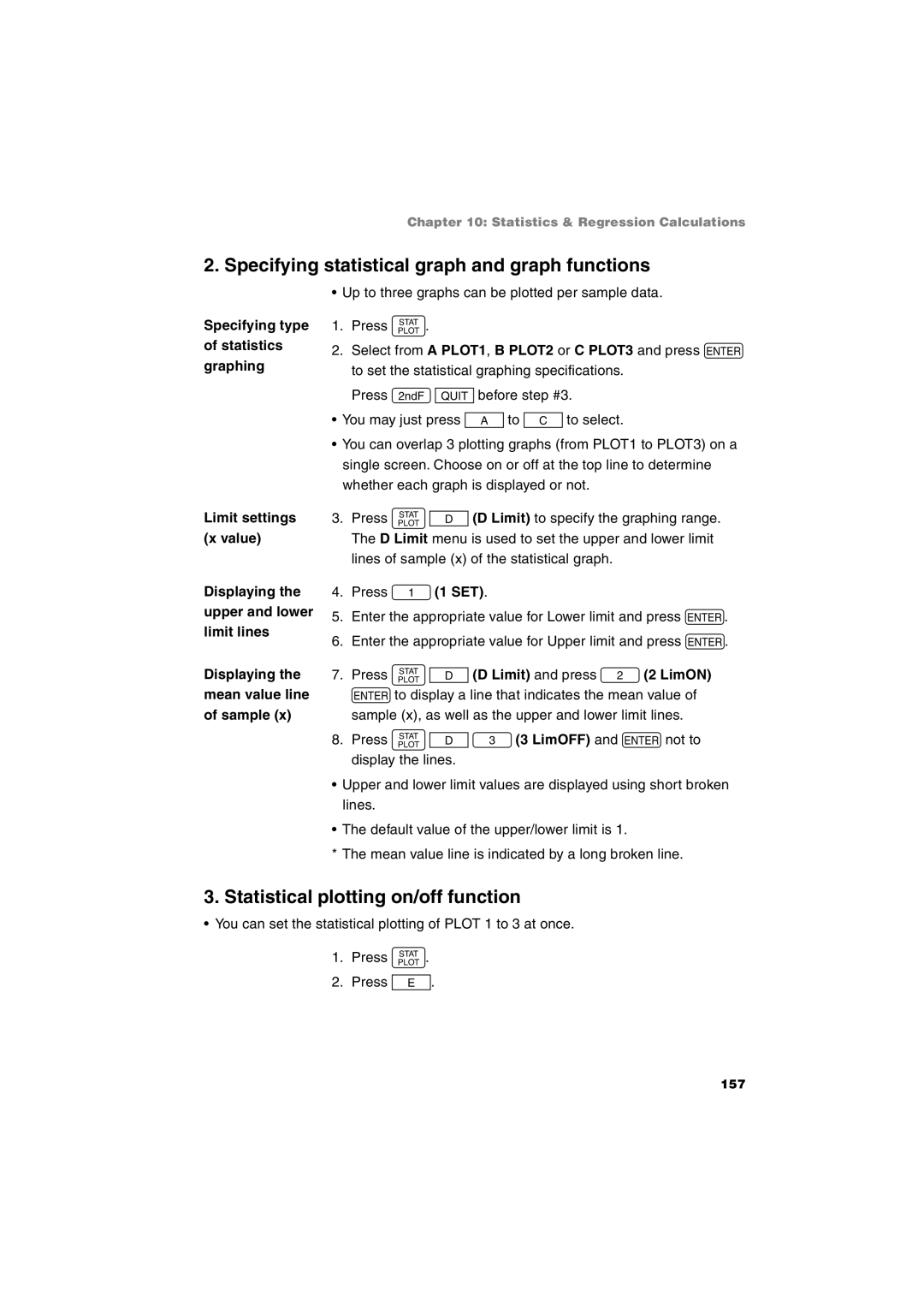 Sharp EL-9900 operation manual Specifying statistical graph and graph functions, Statistical plotting on/off function 