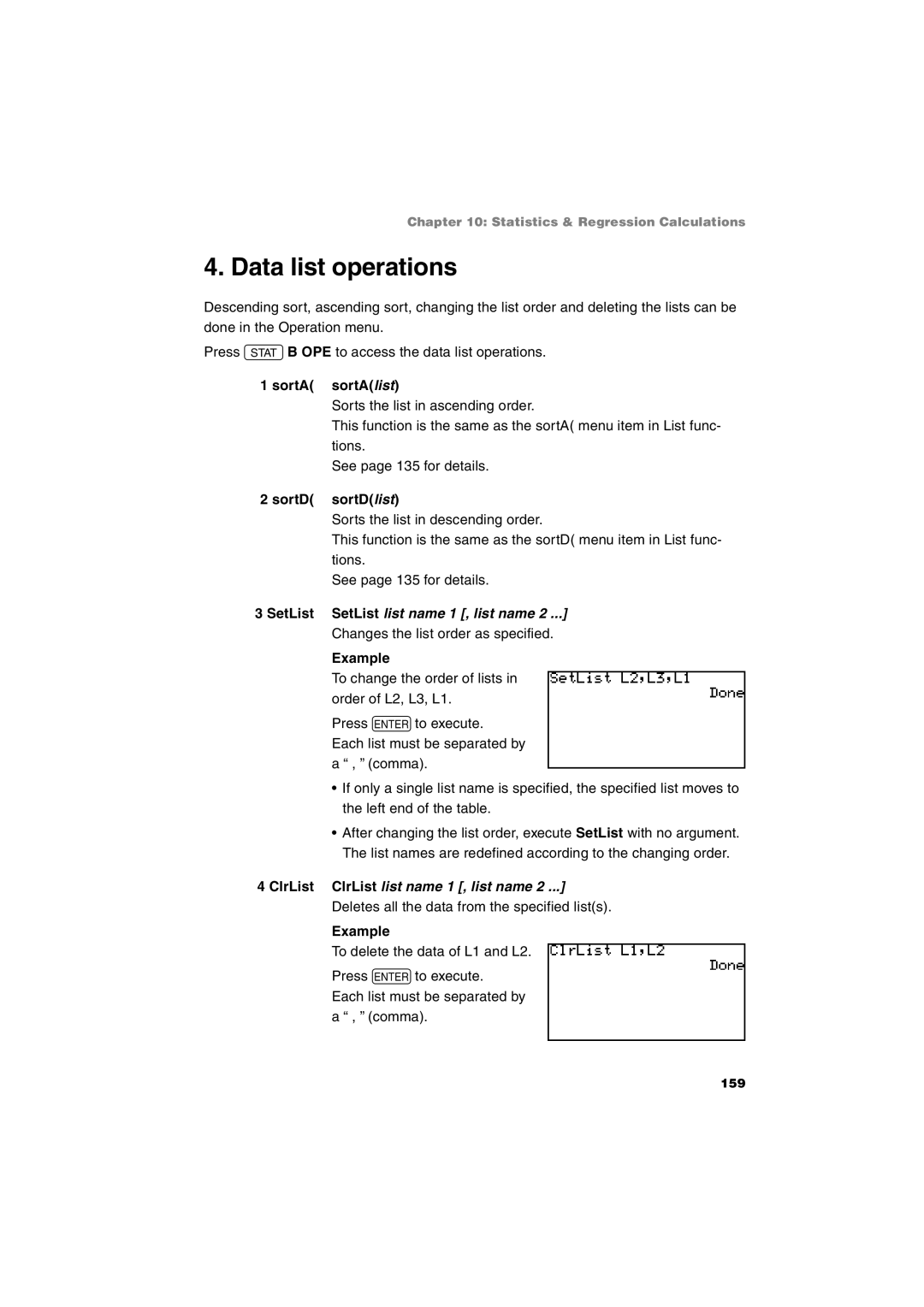 Sharp EL-9900 Data list operations, SortA sortAlist, SortD sortDlist, SetList SetList list name 1 , list name 