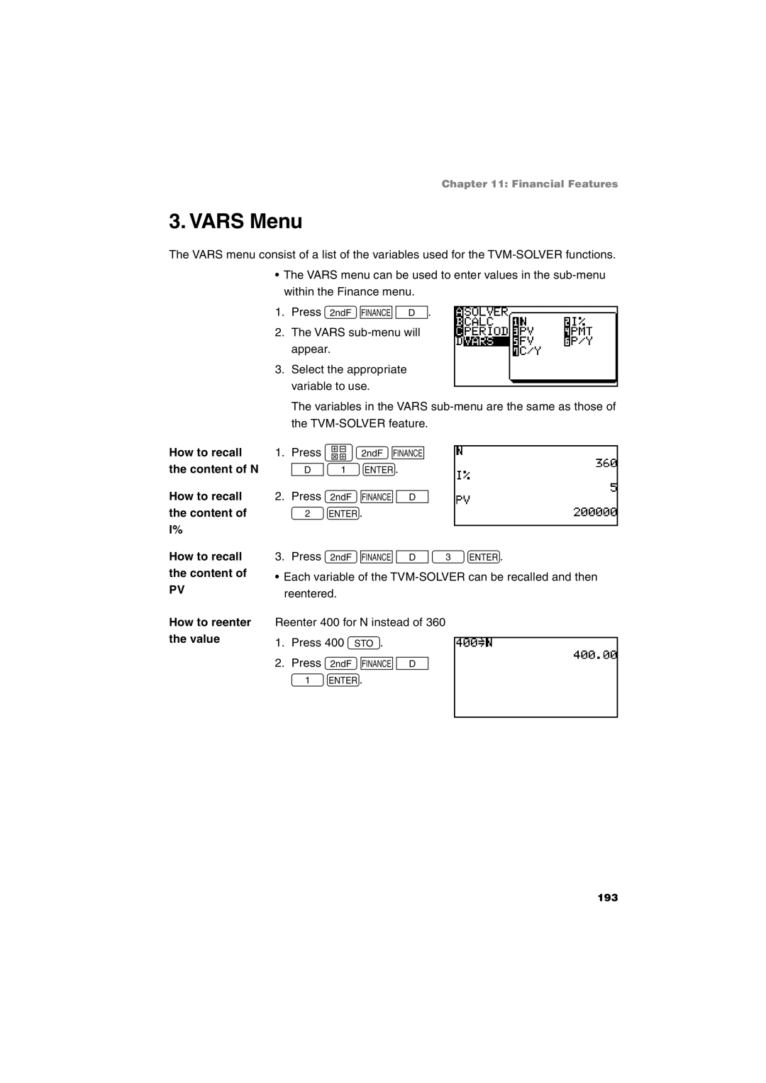 Sharp EL-9900 operation manual Vars Menu 