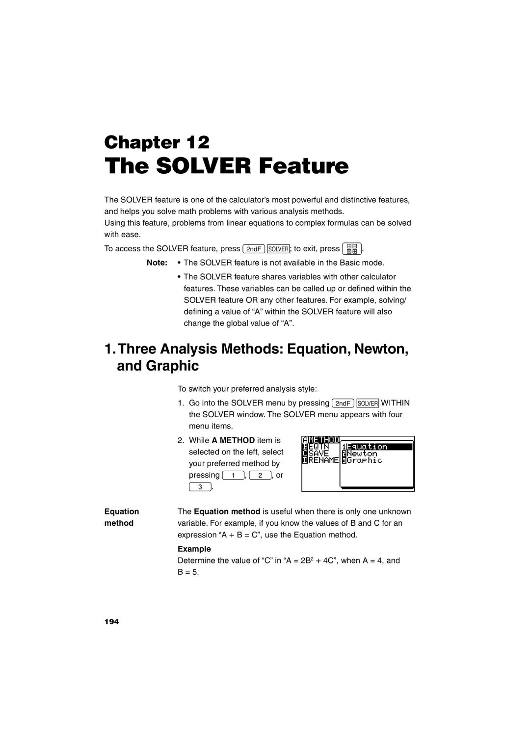 Sharp EL-9900 operation manual Solver Feature, Three Analysis Methods Equation, Newton, and Graphic 