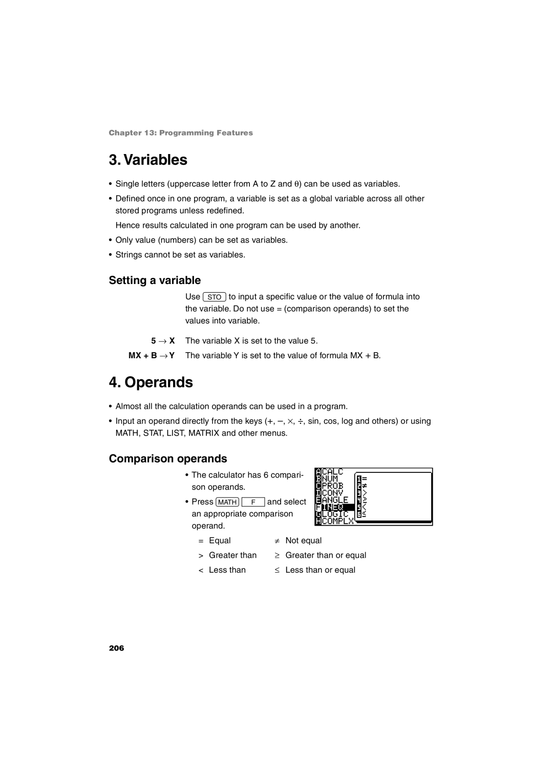 Sharp EL-9900 operation manual Variables, Operands, Setting a variable, Comparison operands 