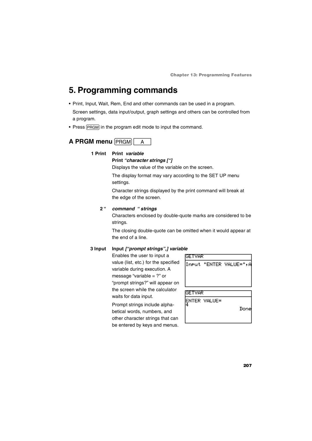 Sharp EL-9900 operation manual Programming commands, Prgm menu PA, Print character strings, Command strings 