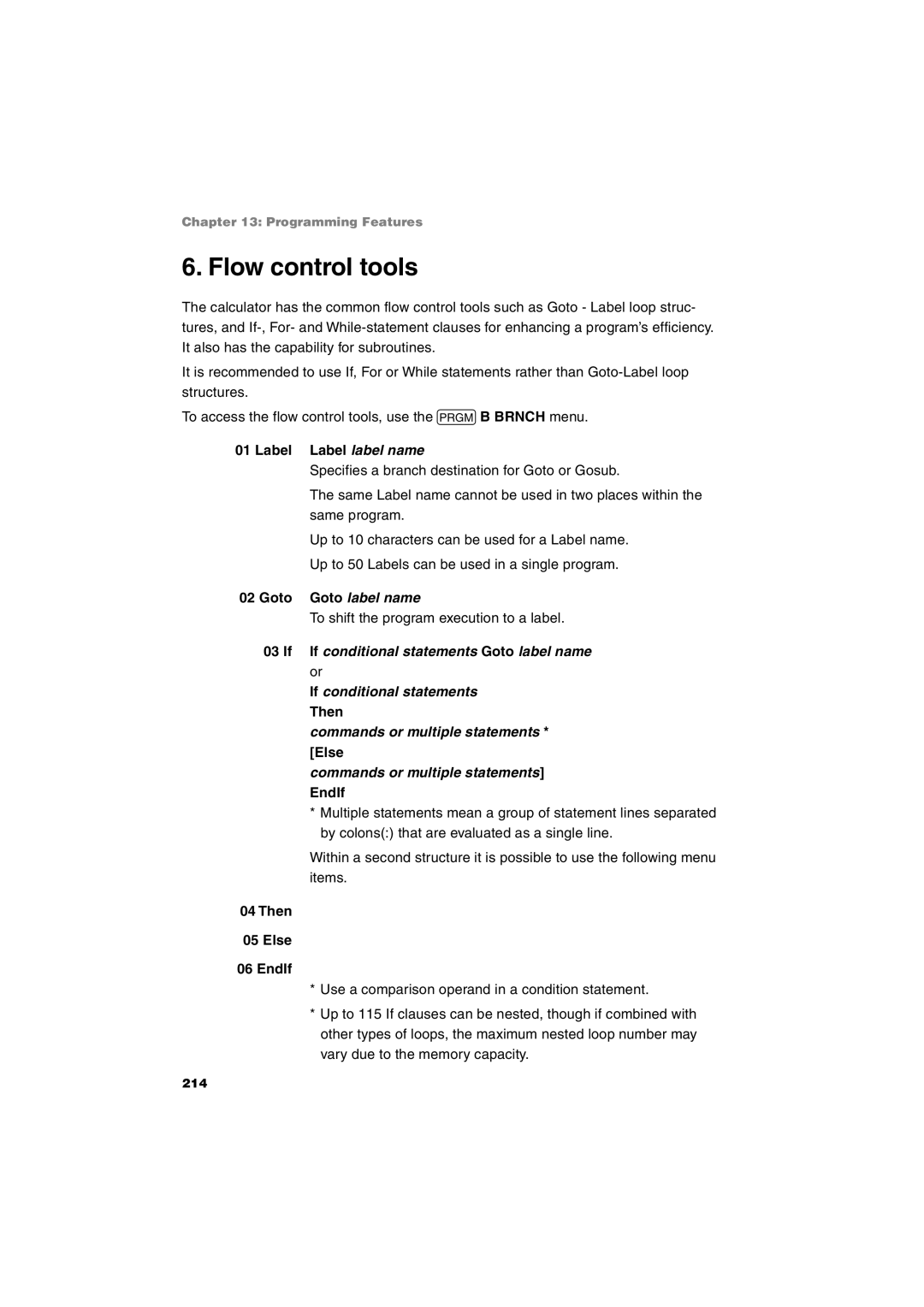 Sharp EL-9900 operation manual Flow control tools, If If conditional statements Goto label name 