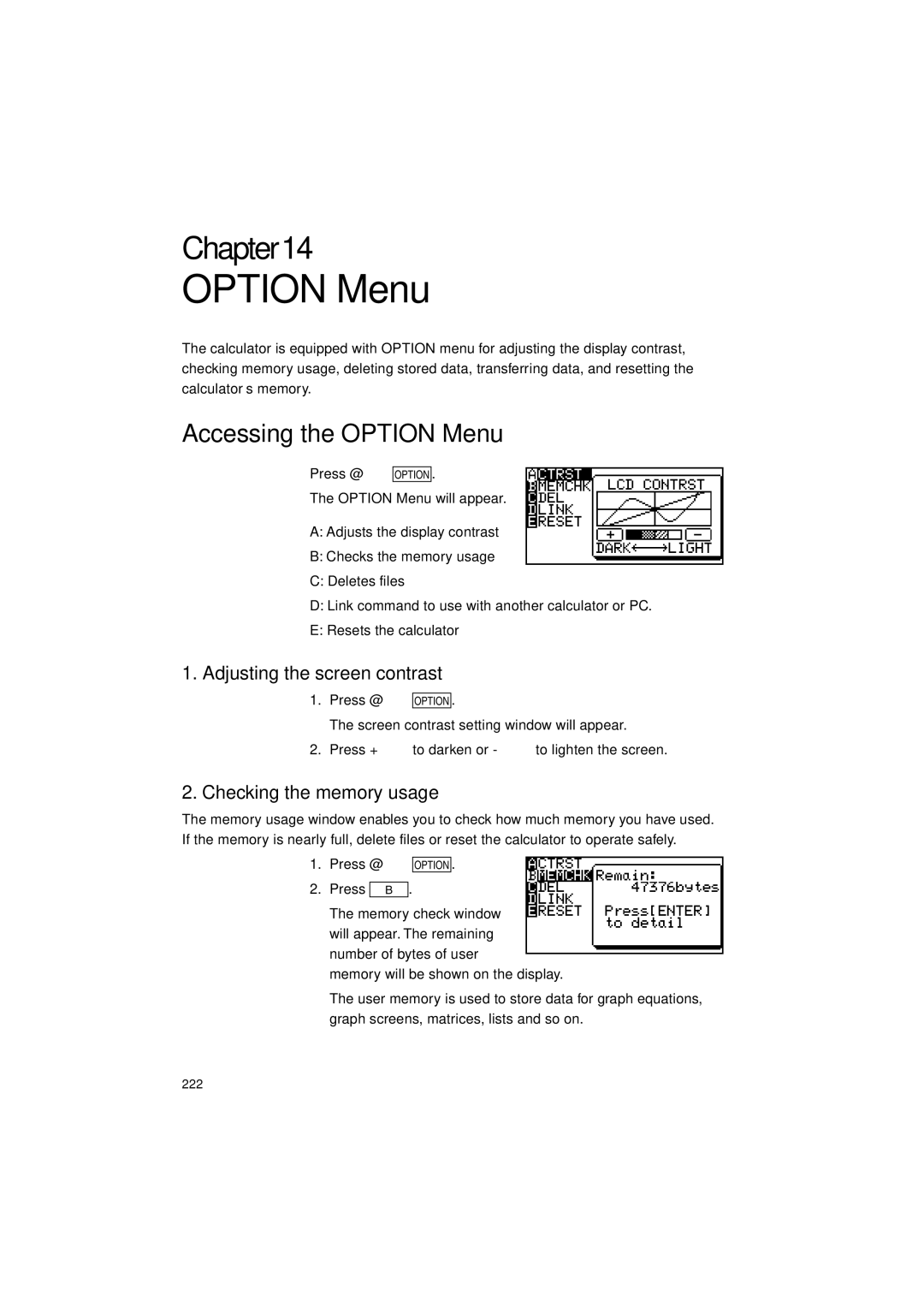 Sharp EL-9900 operation manual Accessing the Option Menu, Adjusting the screen contrast, Checking the memory usage 