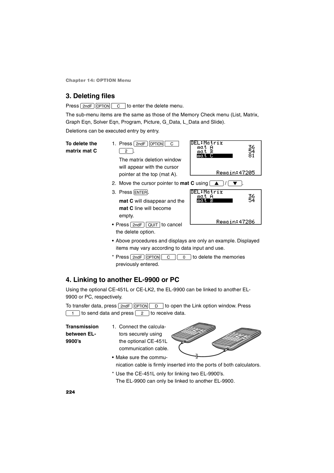 Sharp operation manual Deleting files, Linking to another EL-9900 or PC 