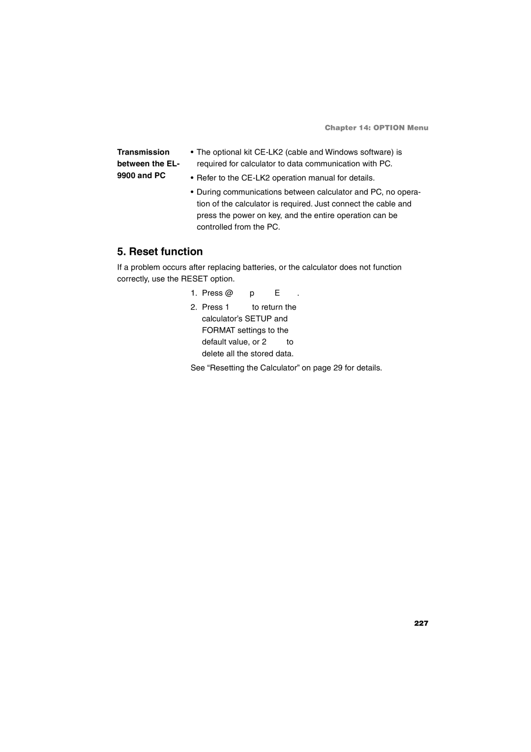 Sharp EL-9900 operation manual Reset function, Transmission between the EL 