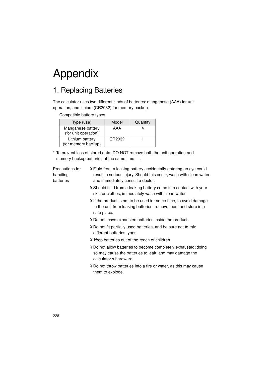 Sharp EL-9900 operation manual Appendix, Replacing Batteries, Handling 