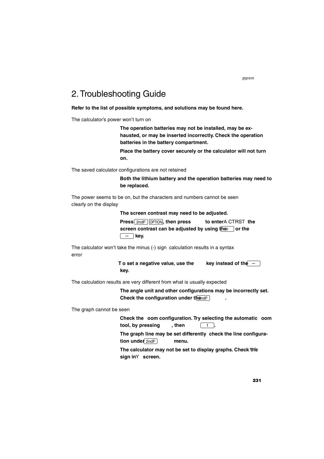 Sharp EL-9900 Troubleshooting Guide, Calculator’s power won’t turn on, Saved calculator configurations are not retained 