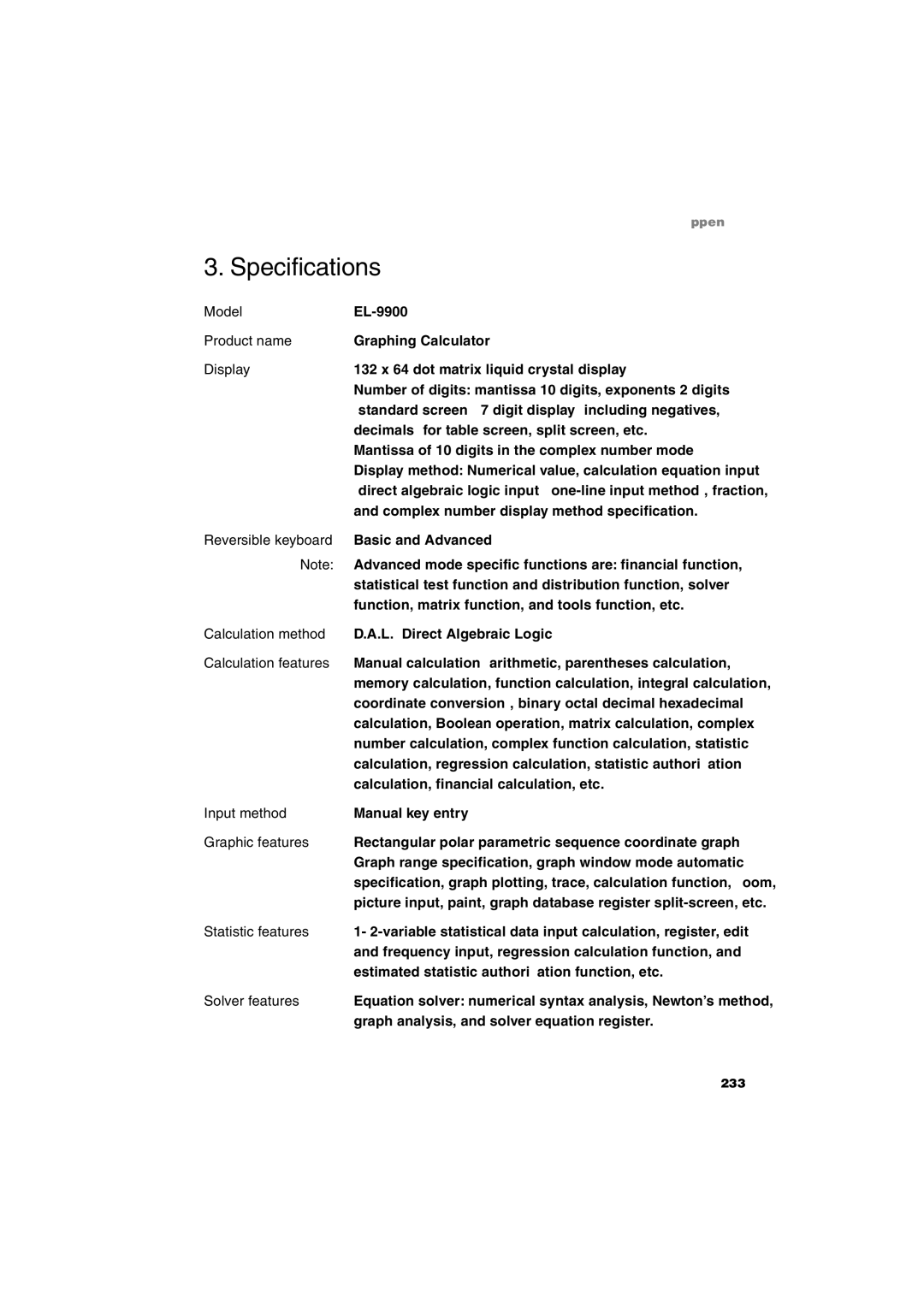 Sharp EL-9900 operation manual Specifications 