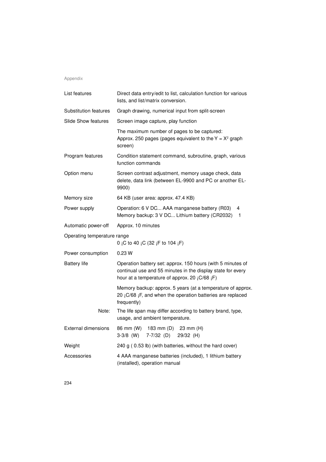 Sharp EL-9900 Substitution features, Slide Show features, Maximum number of pages to be captured, Program features, Weight 