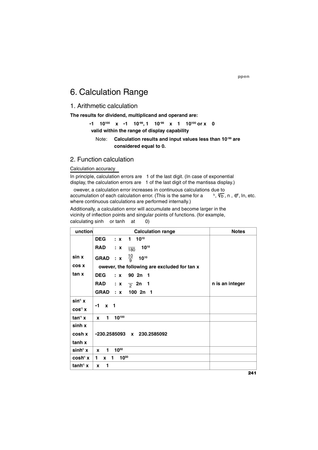 Sharp EL-9900 operation manual Calculation Range, Arithmetic calculation, Function calculation 