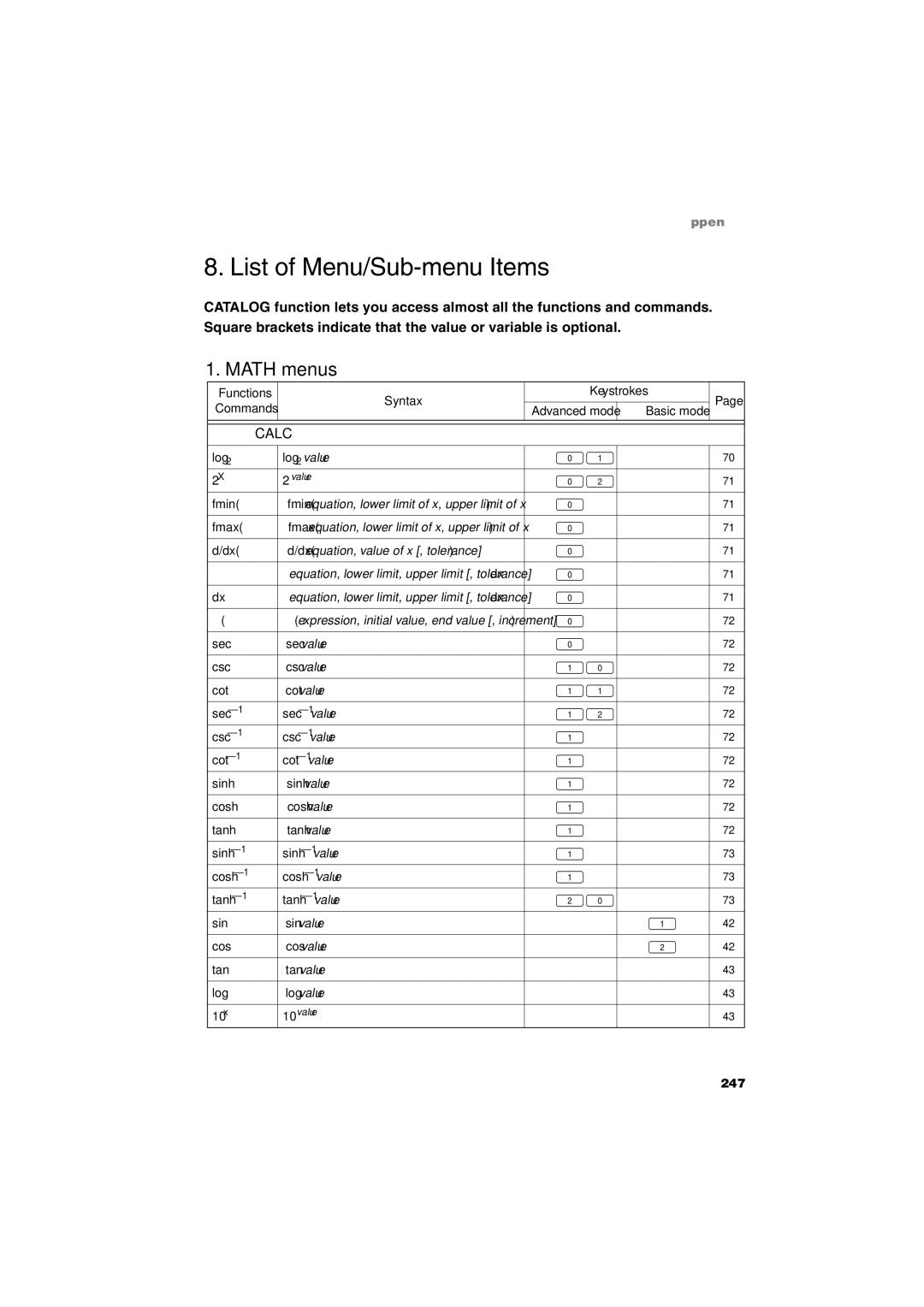 Sharp EL-9900 operation manual List of Menu/Sub-menu Items, Math menus, Mcalc 