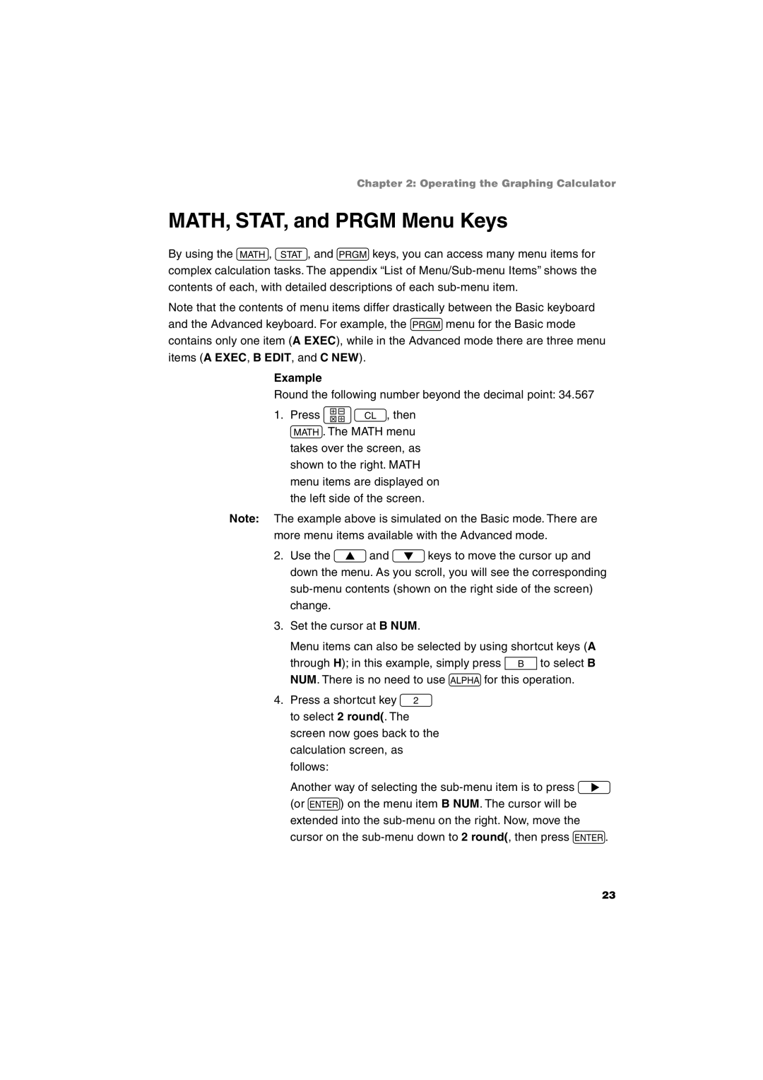 Sharp EL-9900 operation manual MATH, STAT, and Prgm Menu Keys, Example 