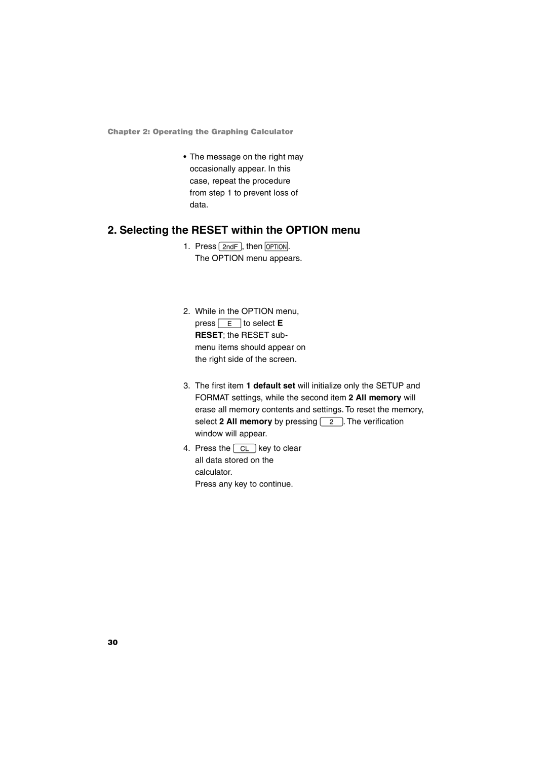 Sharp EL-9900 operation manual Selecting the Reset within the Option menu 