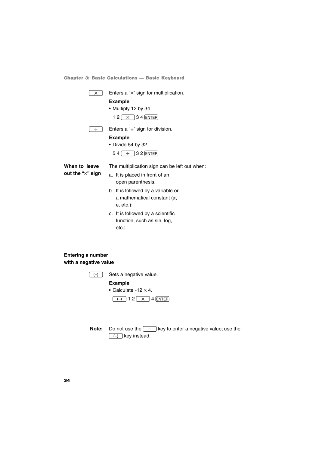 Sharp EL-9900 operation manual When to leave out the ⋅ sign, Entering a number with a negative value 