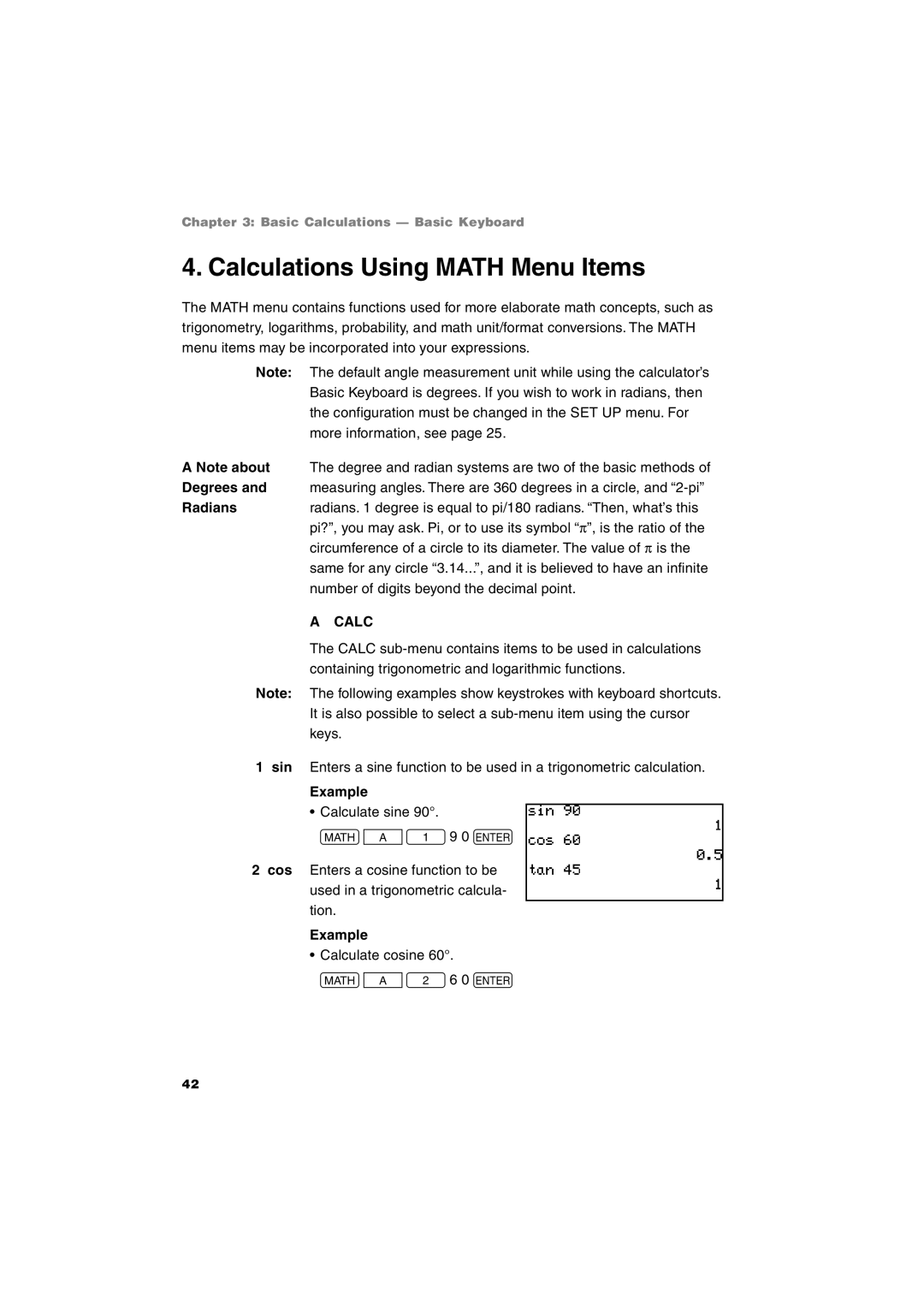 Sharp EL-9900 operation manual Calculations Using Math Menu Items, Degrees, Radians 