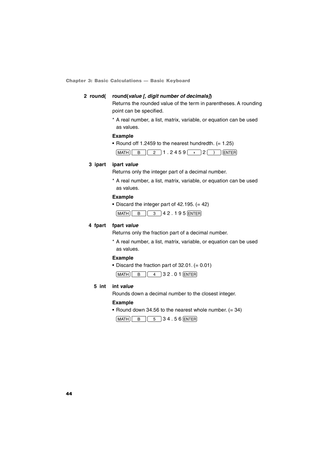 Sharp EL-9900 Round roundvalue , digit number of decimals, Ipart ipart value, Fpart fpart value, Int int value 